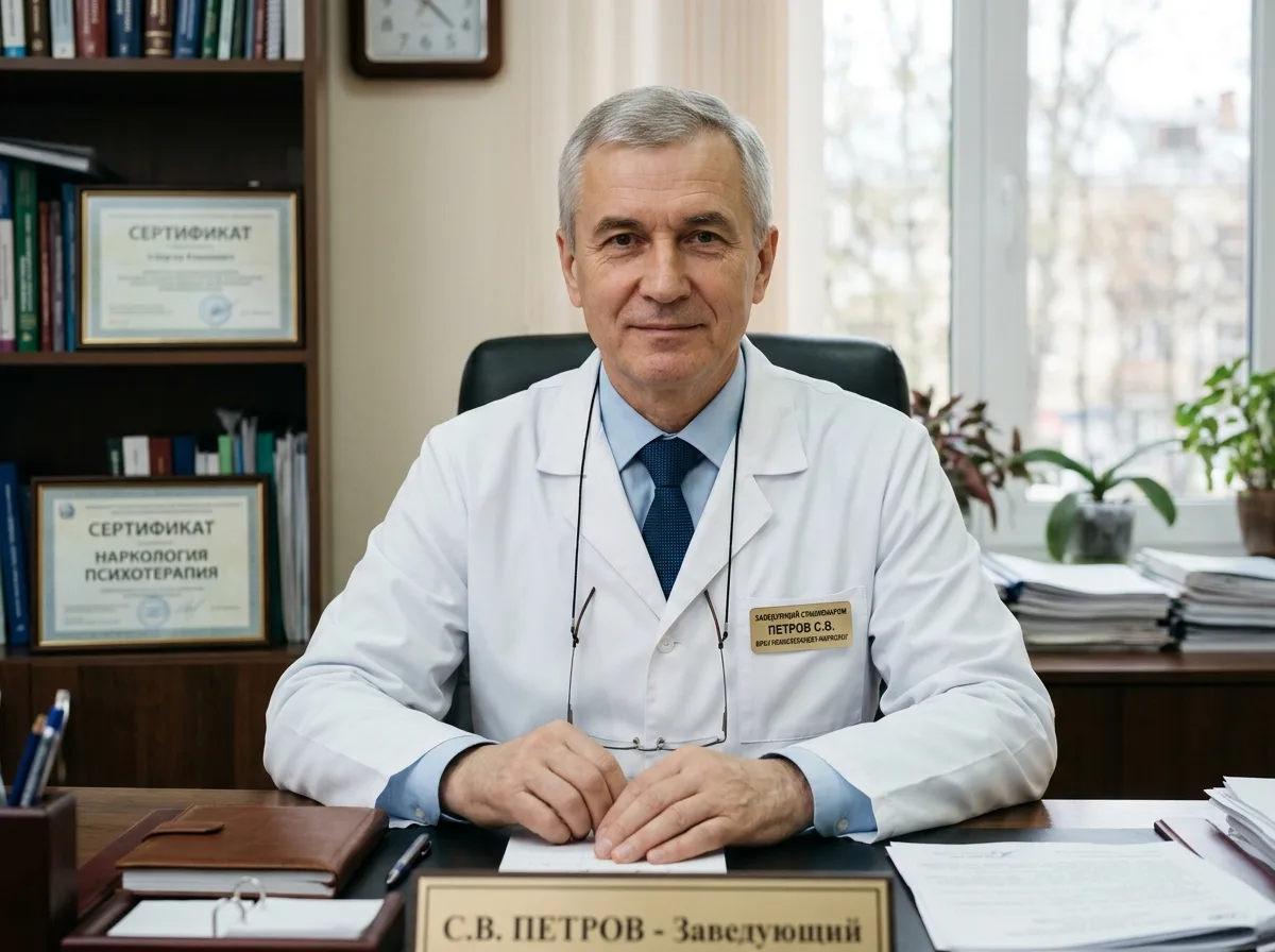 Портрет заведующего стационаром нарколога-психотерапевта — мужчина, строгий деловой вид, белый халат, спокойная уверенность, нейтральный медицинский фон