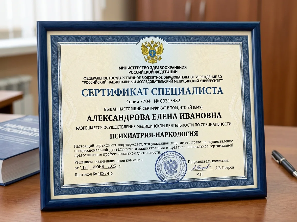 Сертификат специалиста нарколога-психиатра — документ с именем врача, синяя рамка, круглая гербовая печать, официальный вид