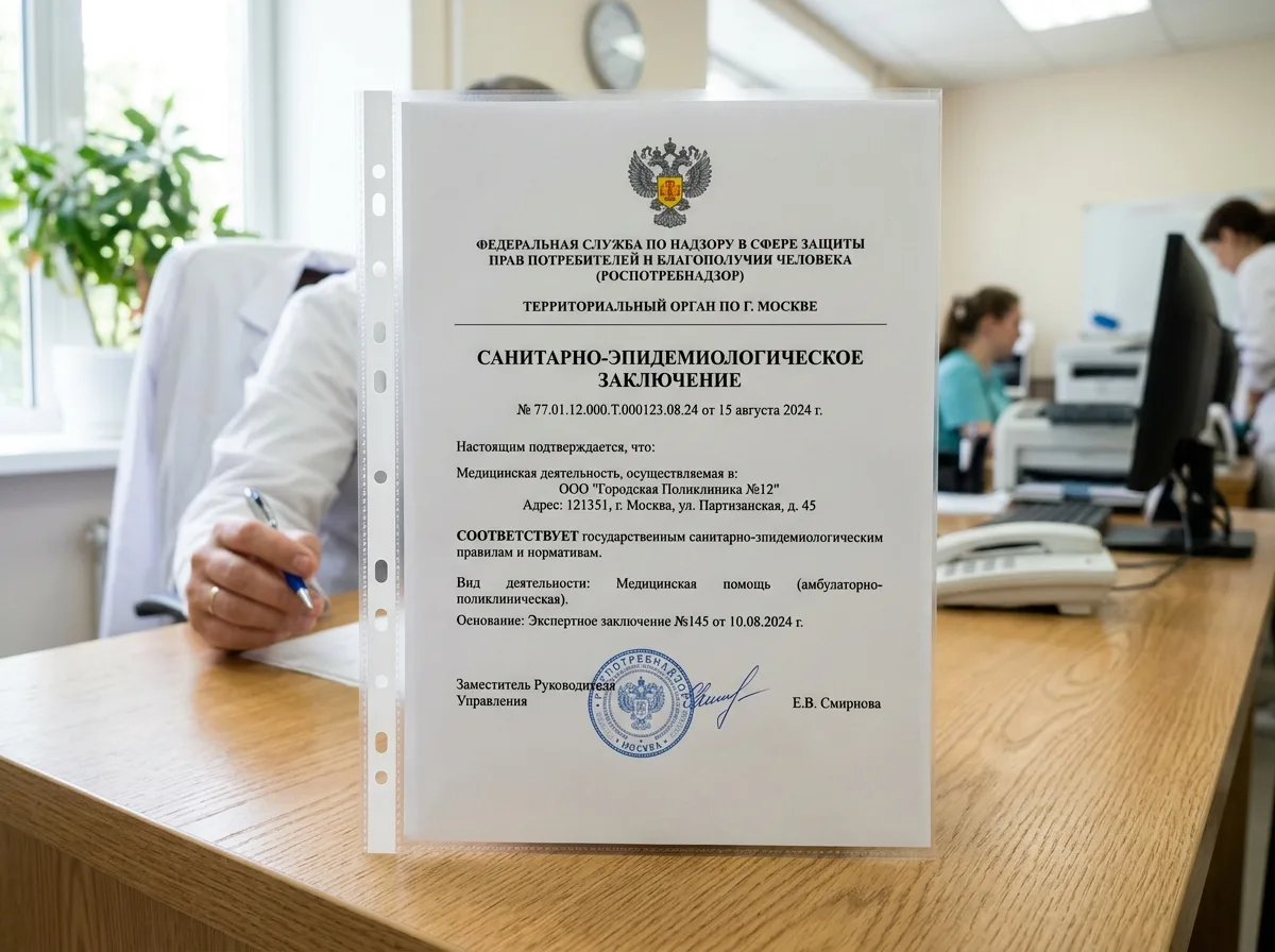 Санитарно-эпидемиологическое заключение Роспотребнадзора — официальный документ с логотипом ведомства, подтверждение соответствия медицинского учреждения санитарным нормам